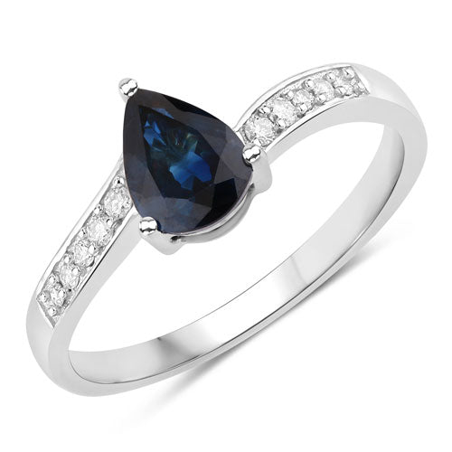 Anillo de oro blanco de 14K con zafiro azul genuino de 0.89 quilates y diamantes blancos