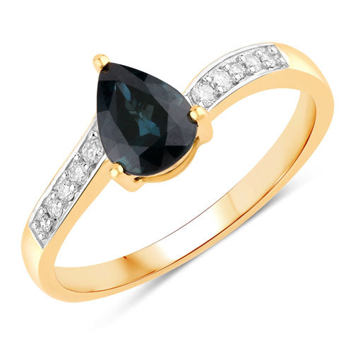 Anillo de Oro Amarillo de 14K con Zafiro Azul Genuino de 0.89 Quilates y Diamantes Blancos