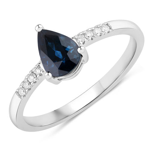 Anillo de oro blanco de 14K con zafiro azul auténtico de 0,86 quilates y diamantes blancos
