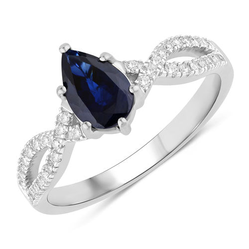 Anillo de oro blanco de 14K con zafiro azul genuino de 1,14 quilates y diamantes blancos