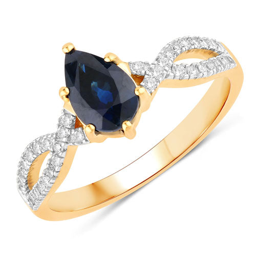 Anillo de oro amarillo de 14K con zafiro azul genuino de 1.14 quilates y diamantes blancos