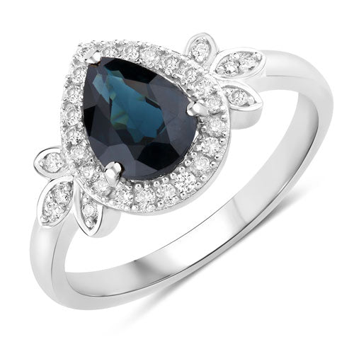 Anillo de oro blanco de 14K con zafiro azul genuino de 1,54 quilates y diamantes blancos