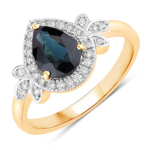 Anillo de oro amarillo de 14K con zafiro azul genuino de 1.54 quilates y diamantes blancos