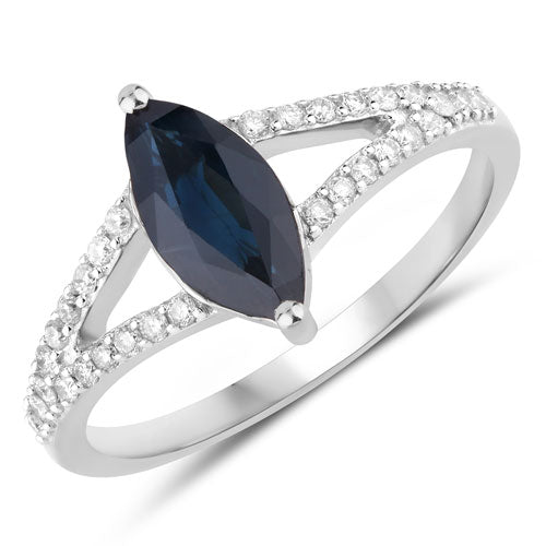 Anillo de oro blanco de 14K con zafiro azul auténtico de 1,49 quilates y diamante blanco