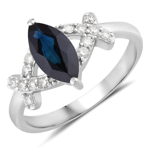 Anillo de oro blanco de 14K con zafiro azul auténtico de 1,50 quilates y diamantes blancos