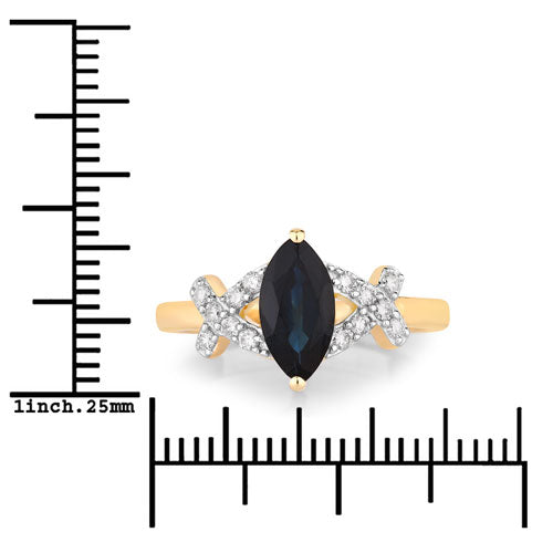 Anillo de oro amarillo de 14 quilates con zafiro azul auténtico de 1,50 quilates y diamantes blancos