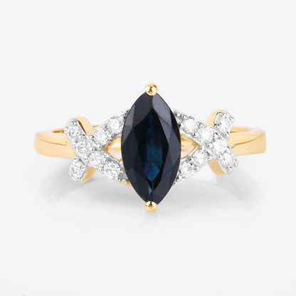 Anillo de oro amarillo de 14 quilates con zafiro azul auténtico de 1,50 quilates y diamantes blancos