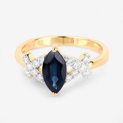 Anillo de oro amarillo de 14 quilates con zafiro azul auténtico de 1,50 quilates y diamantes blancos