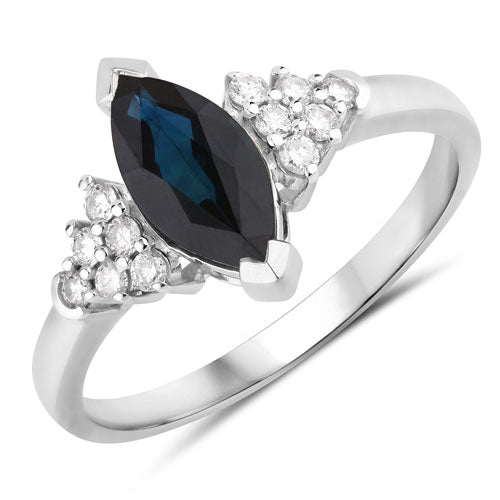 Anillo de oro blanco de 14K con zafiro azul genuino de 1,47 quilates y diamantes blancos