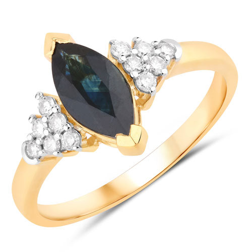 Anillo de oro amarillo de 14K con zafiro azul genuino de 1,47 quilates y diamantes blancos