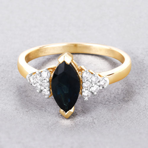 Anillo de oro amarillo de 14K con zafiro azul genuino de 1,47 quilates y diamantes blancos