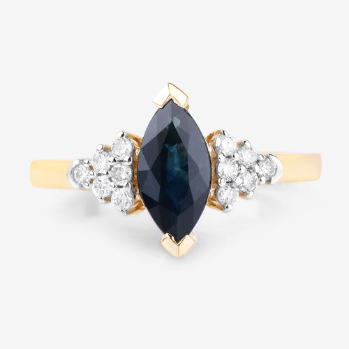 Anillo de oro amarillo de 14K con zafiro azul genuino de 1,47 quilates y diamantes blancos