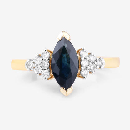 Anillo de oro amarillo de 14K con zafiro azul genuino de 1,47 quilates y diamantes blancos