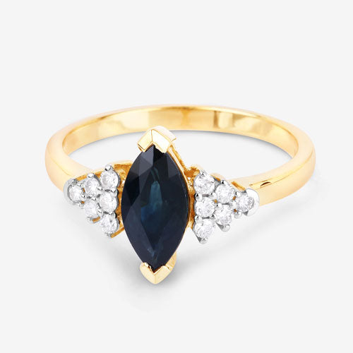 Anillo de oro amarillo de 14K con zafiro azul genuino de 1,47 quilates y diamantes blancos