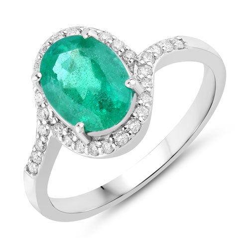 Anillo de oro blanco de 14 quilates con esmeralda zambiana auténtica de 1,92 quilates y diamantes blancos