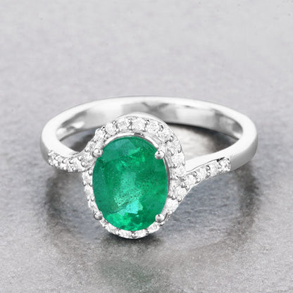 Anillo de oro blanco de 14 quilates con esmeralda zambiana auténtica de 1,92 quilates y diamantes blancos