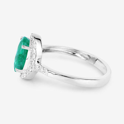 Anillo de oro blanco de 14 quilates con esmeralda zambiana auténtica de 1,92 quilates y diamantes blancos