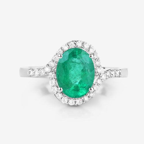 Anillo de oro blanco de 14 quilates con esmeralda zambiana auténtica de 1,92 quilates y diamantes blancos