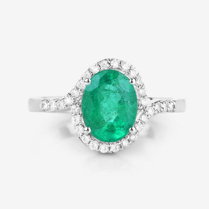Anillo de oro blanco de 14 quilates con esmeralda zambiana auténtica de 1,92 quilates y diamantes blancos