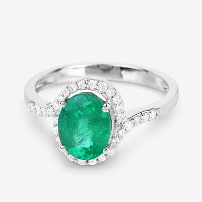 Anillo de oro blanco de 14 quilates con esmeralda zambiana auténtica de 1,92 quilates y diamantes blancos