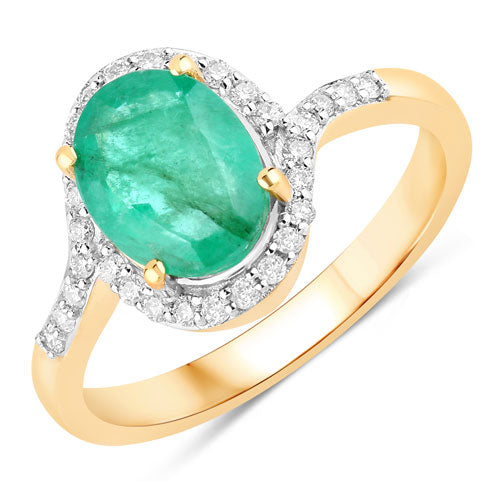 Anillo de oro amarillo de 14K con esmeralda zambiana auténtica de 1.92 quilates y diamantes blancos