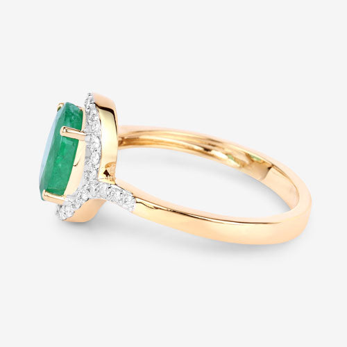 Anillo de oro amarillo de 14K con esmeralda zambiana auténtica de 1.92 quilates y diamantes blancos