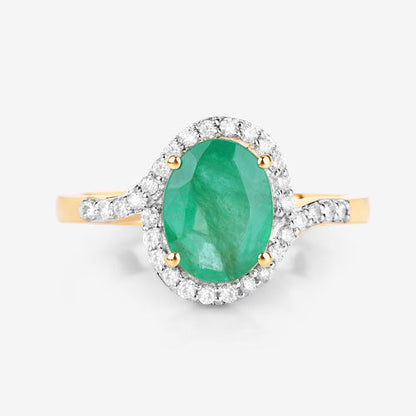 Anillo de oro amarillo de 14K con esmeralda zambiana auténtica de 1.92 quilates y diamantes blancos