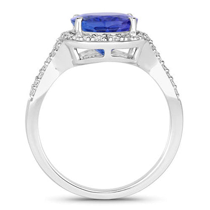 Anillo de tanzanita auténtica de 4,12 quilates y diamantes blancos en oro blanco de 14K