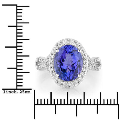 Anillo de tanzanita auténtica de 4,12 quilates y diamantes blancos en oro blanco de 14K