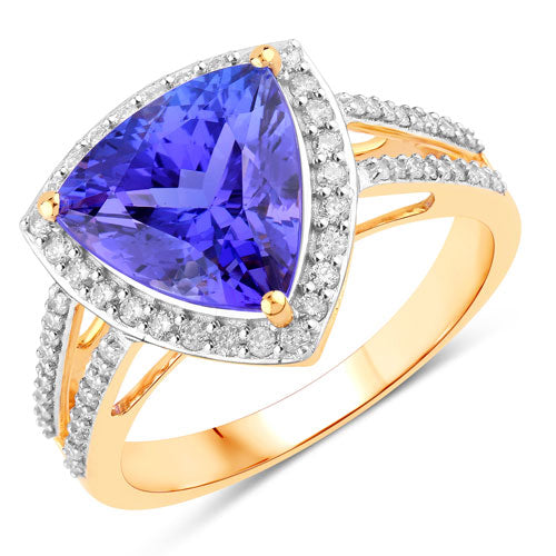 Anillo de oro amarillo de 14K con tanzanita genuina de 4.10 quilates y diamante blanco