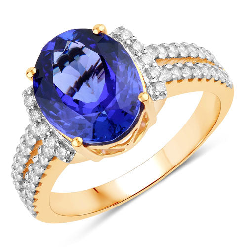Anillo de oro amarillo de 14 quilates con tanzanita genuina de 4,20 quilates y diamantes blancos