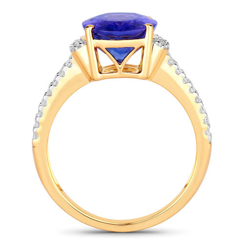 Anillo de oro amarillo de 14 quilates con tanzanita genuina de 4,20 quilates y diamantes blancos