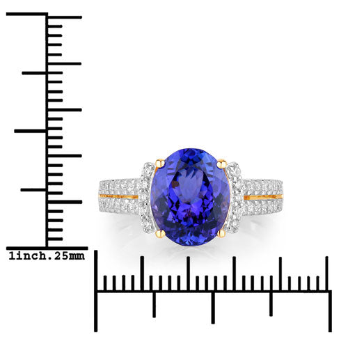 Anillo de oro amarillo de 14 quilates con tanzanita genuina de 4,20 quilates y diamantes blancos