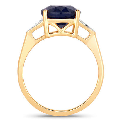 Anillo de 14K Oro Amarillo con Zafiro Azul Genuino de 4.46 Quilates y Diamantes Blancos
