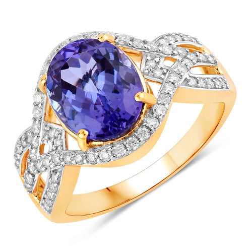 Anillo de oro amarillo de 14K con tanzanita genuina de 3,56 quilates y diamantes blancos