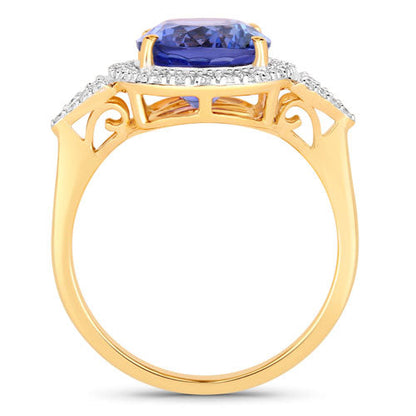 Anillo de oro amarillo de 14K con tanzanita genuina de 4,13 quilates y diamantes blancos