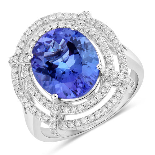 Anillo de oro blanco de 14K con tanzanita genuina de 5.17 quilates y diamantes blancos