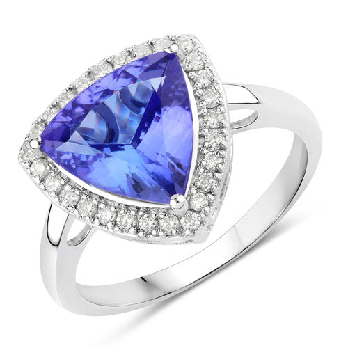 Anillo de Oro Blanco de 14K con Tanzanita Genuina de 3.23 Quilates y Diamantes Blancos