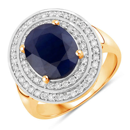 Anillo de oro amarillo de 14K con zafiro azul genuino de 4.82 quilates y diamantes blancos