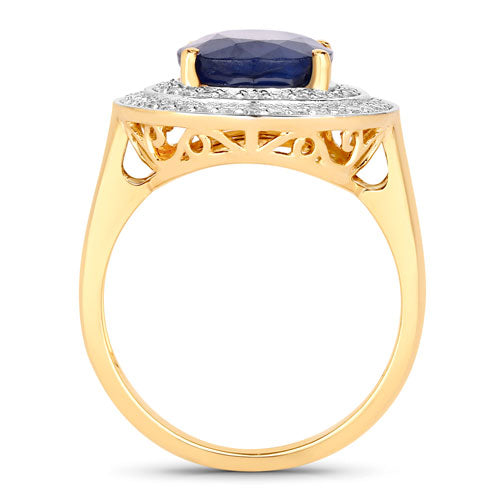 Anillo de oro amarillo de 14K con zafiro azul genuino de 4.82 quilates y diamantes blancos