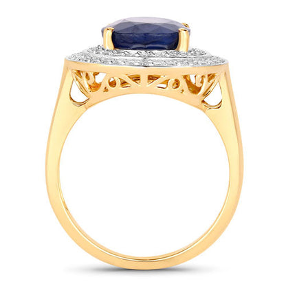 Anillo de oro amarillo de 14K con zafiro azul genuino de 4.82 quilates y diamantes blancos