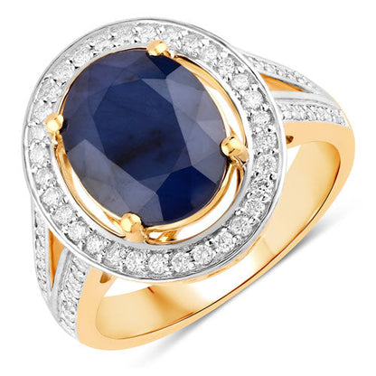 Anillo de 14 quilates de oro amarillo con zafiro azul natural de 4,74 quilates y diamantes blancos