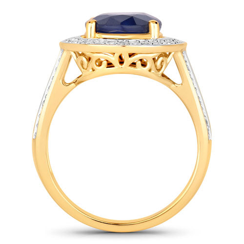 Anillo de 14 quilates de oro amarillo con zafiro azul natural de 4,74 quilates y diamantes blancos