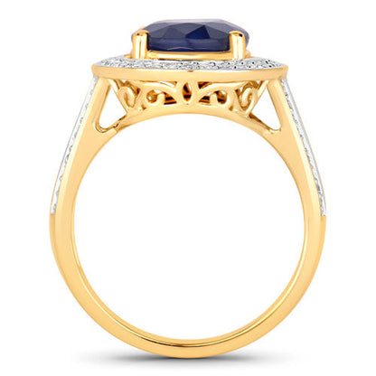 Anillo de 14 quilates de oro amarillo con zafiro azul natural de 4,74 quilates y diamantes blancos