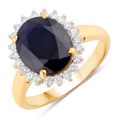 Anillo de oro amarillo de 14K con zafiro azul auténtico de 4.63 quilates y diamante blanco