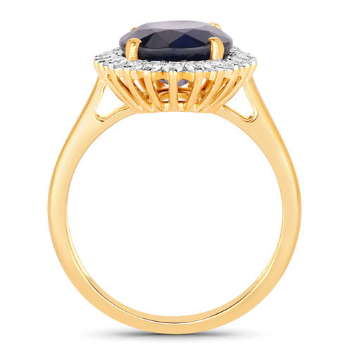 Anillo de oro amarillo de 14K con zafiro azul auténtico de 4.63 quilates y diamante blanco