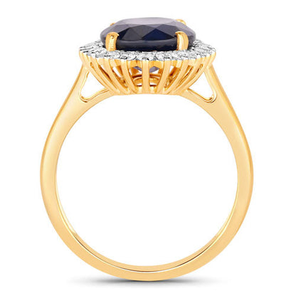Anillo de oro amarillo de 14K con zafiro azul auténtico de 4.63 quilates y diamante blanco