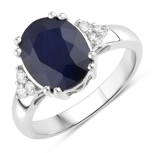 Anillo de oro blanco de 14K con zafiro azul genuino de 4,50 quilates y diamantes blancos