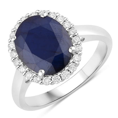 Anillo de oro blanco de 14K con zafiro azul auténtico de 4,63 quilates y diamantes blancos