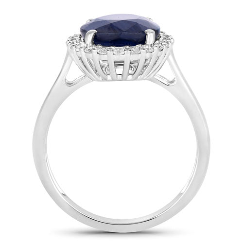Anillo de oro blanco de 14K con zafiro azul auténtico de 4,63 quilates y diamantes blancos
